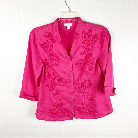 CHARTER CLUB Fuchsia Pink 100% Linen Front Button Embroidered Floral Top 10P - Picture 1 of 9